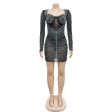 Mesh Hot Drill Long Sleeve Mini Dress BY-6700