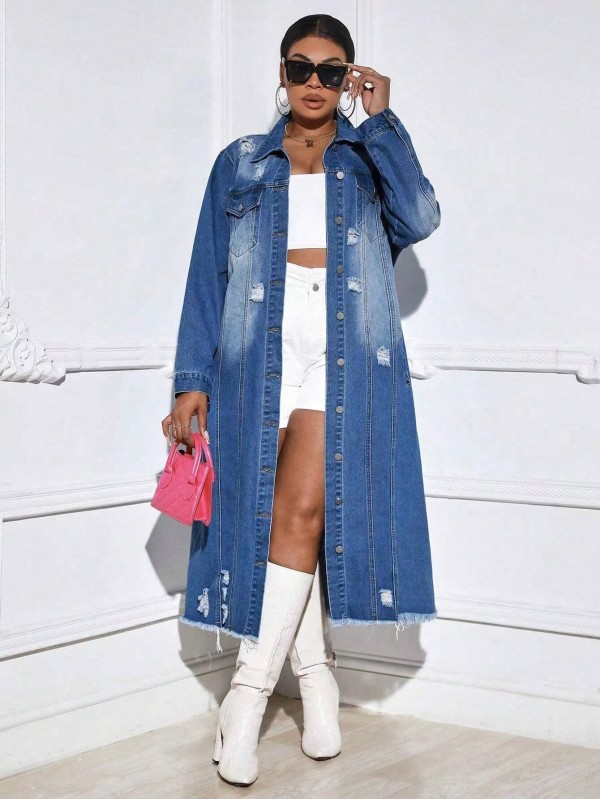 Fashion Holes Long Sleeve Denim Long Coat LX-6017