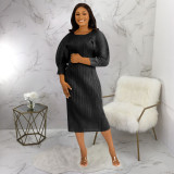 Plus Size Solid Color Long Sleeve Long Dress NNWF-10320