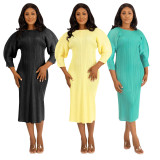 Plus Size Solid Color Long Sleeve Long Dress NNWF-10320