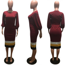 Plus Size Long Sleeve Patchwork Midi Dress OM-1722