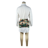 White Shirt Dress And Camouflage Short Skirt 2 Piece Set TE-4656