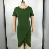 Solid Color Short Sleeve Tassel Mini Dress XMY-9465