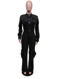 Black Casual Long Sleeve Denim Jumpsuit MEM-88536
