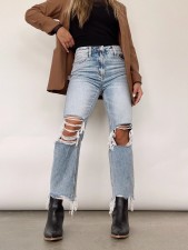 Washed Holes High-waisted loose Jean GKNF-TSX-9063