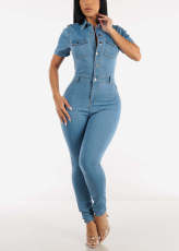 Fashion Short Sleeve Slim Denim Jumpsuit LX-3565