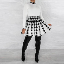 Houndstooth Print Long Sleeve Pleated Skirt 2 Piece Set SFY-8522