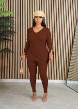 Causal V Neck Solid Color Two Piece Pants Set YD-8792
