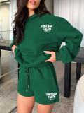 Letter Print Hooded Loose Two Piece Shorts Set SSNF-1625