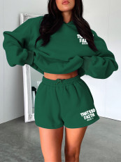 Letter Print Hooded Loose Two Piece Shorts Set SSNF-1625