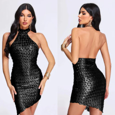 Solid Color Sleeveless Backless Halter Mini Dress BY-6721