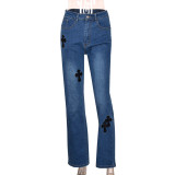Fashion Embroider Print Hollow Out Slim Jeans GNZD-8082DN