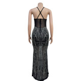 Solid Mesh Hot Drill Sling Maxi Dress BY-6689