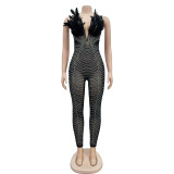 Solid Color Sexy Mesh Hot Rhinestone Jumpsuit BY-6735