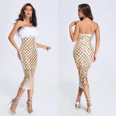 Sexy Sequin Tube Top Feather Midi Dress BY-6696