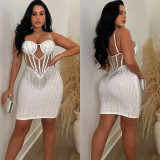 Solid Mesh Hot Rhinestone Halter Minit Dress BY-6753