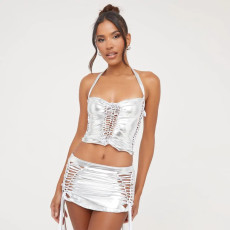 Sexy Halter Wrap Chest Tops And Tie Up Skirt 2 Piece Set GNZD-9442SD