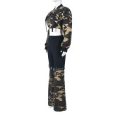 Denim Camouflage Zipper Long Sleeve Split Pants 2 Piece Set GNZD-9805PD