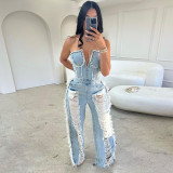 Sexy Holes Zipper Wrap Chest Denim Jumpsuit GNZD-7637JR