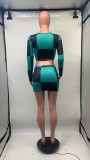 Long Sleeve Printed Color Block Two Piece Skirt Set GDNY-1071