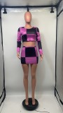 Long Sleeve Printed Color Block Two Piece Skirt Set GDNY-1071