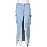 Fashion Denim Tassel High Split Skirt GNZD-9150DD