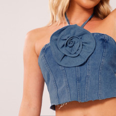 Halter Tube Tops Flower Denim Top GNZD-31291TY