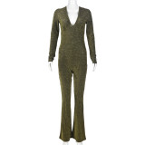 V Neck Long Sleeve Micro Flare Jumpsuit GNZD-9615JD