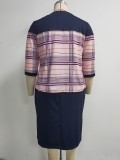 Plus Size Stripe Coat Midi Dress 2 Piece Set GJXI-JX514