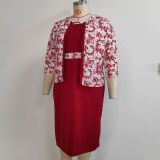 Plus Size Print Coat And Short Sleeve Dress Two Piece Set  GJXI-JX502