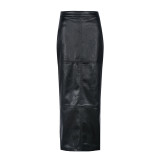 Patchwork Split PU Leather Half-body Skirt GFRT-7662