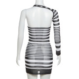 One Shoulder See Through Mesh Striped Dress GYME-K23D32554