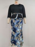 Plus Size 3/4 Sleeve Tops And Print Skirt 2 Piece Set GJXI-JX504