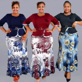 Plus Size 3/4 Sleeve Tops And Print Skirt 2 Piece Set GJXI-JX504