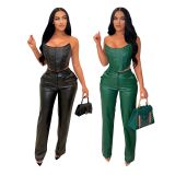 Tube Tops Faux Leather Sexy PU Two Piece Set AIL-259