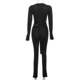 Rib Tie Up Long Sleeve Tight Jumpsuit XEF-38443