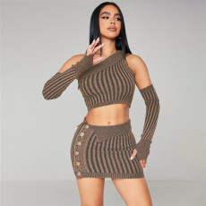 Knits Stripe Single Shoulder Top Two Piece Skirt Set XEF-39324