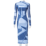 Denim Print Slim Long Sleeve Maxi Dress GSZM-D23DS055