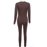Solid V Neck Long Sleeve Yoga Slim Jumpsuit XEF-39289