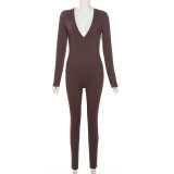 Solid V Neck Long Sleeve Yoga Slim Jumpsuit XEF-39289