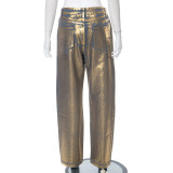 Solid Color Hot Gold Zipper Straight Jeans GSZM-M23PT388