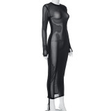 Mesh Drawstring Pleated Long Dress GSZM-R23DS003