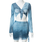 Tie Dye Print V Neck Pleated Mesh Skirt Set GSZM-R21ST129
