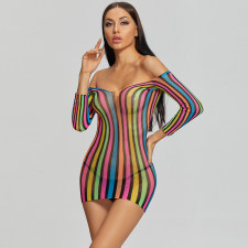 Sexy Stripe Print Mesh Erotic Dress Pajamas GYDE-8919