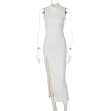 Solid Color O Neck Long Sleeve Split Maxi Dress BLG-D1B7226K
