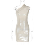 Solid Color Slant Shoulder Sleeveless Mini Dress BLG-D289917K
