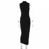 Solid Color O Neck Long Sleeve Split Maxi Dress BLG-D1B7226K
