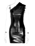 Solid Color Slant Shoulder Sleeveless Mini Dress BLG-D289917K