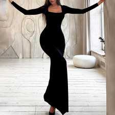 Solid Slim U Neck Long Sleeve Maxi Dress BLG-D3A14541K