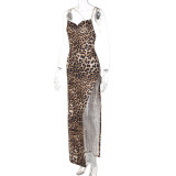 Leopard Print Backless Chain Tie Up Maxi Dress BLG-D1C7287A